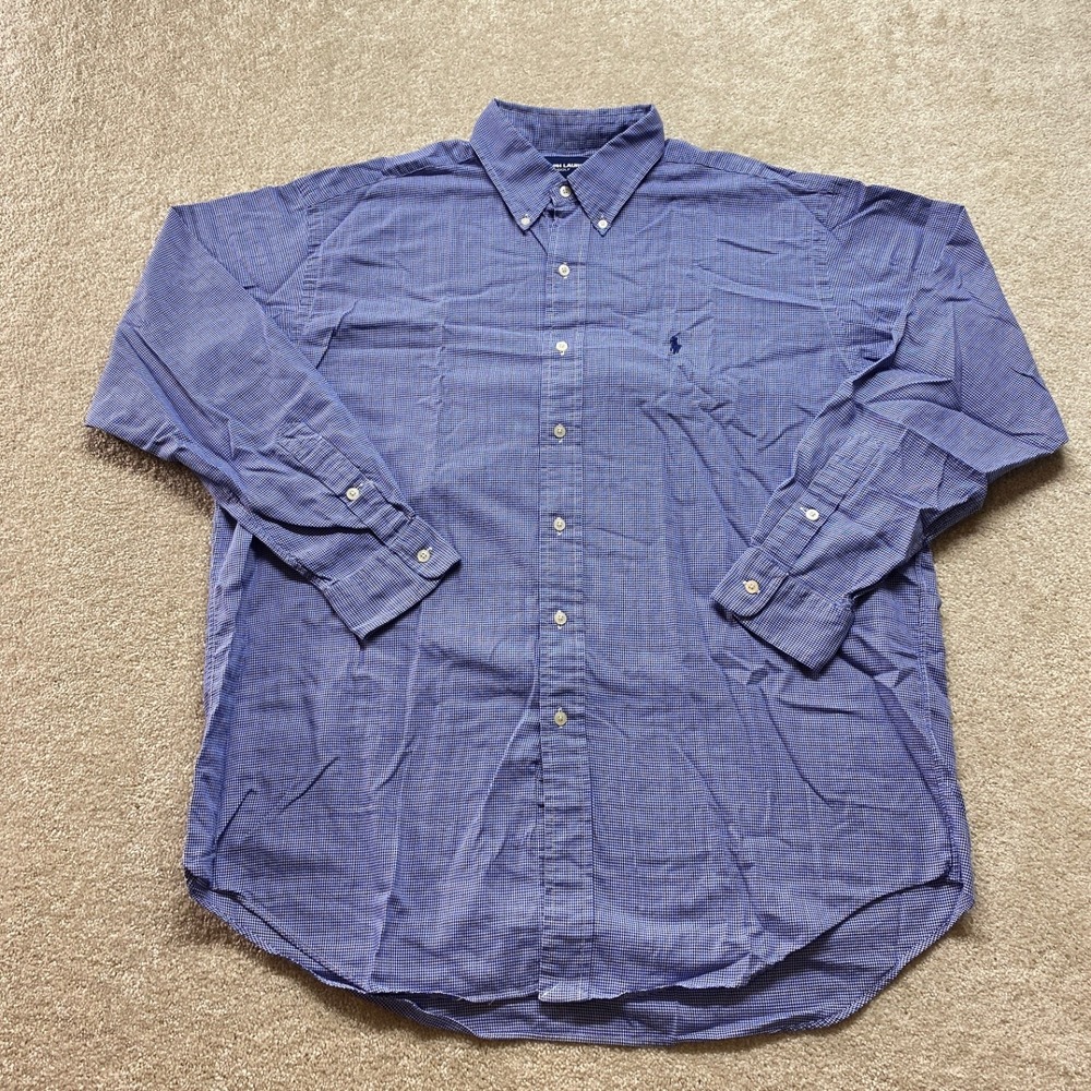 Ralph Lauren Golf Button Down Mens L Blue Blake Cotton Micro Check Long Sleeve